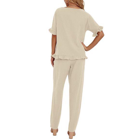 Suvimuga Khaki Ruffle-Accent Boatneck Top & Pants Size XL - Picture 3 of 3